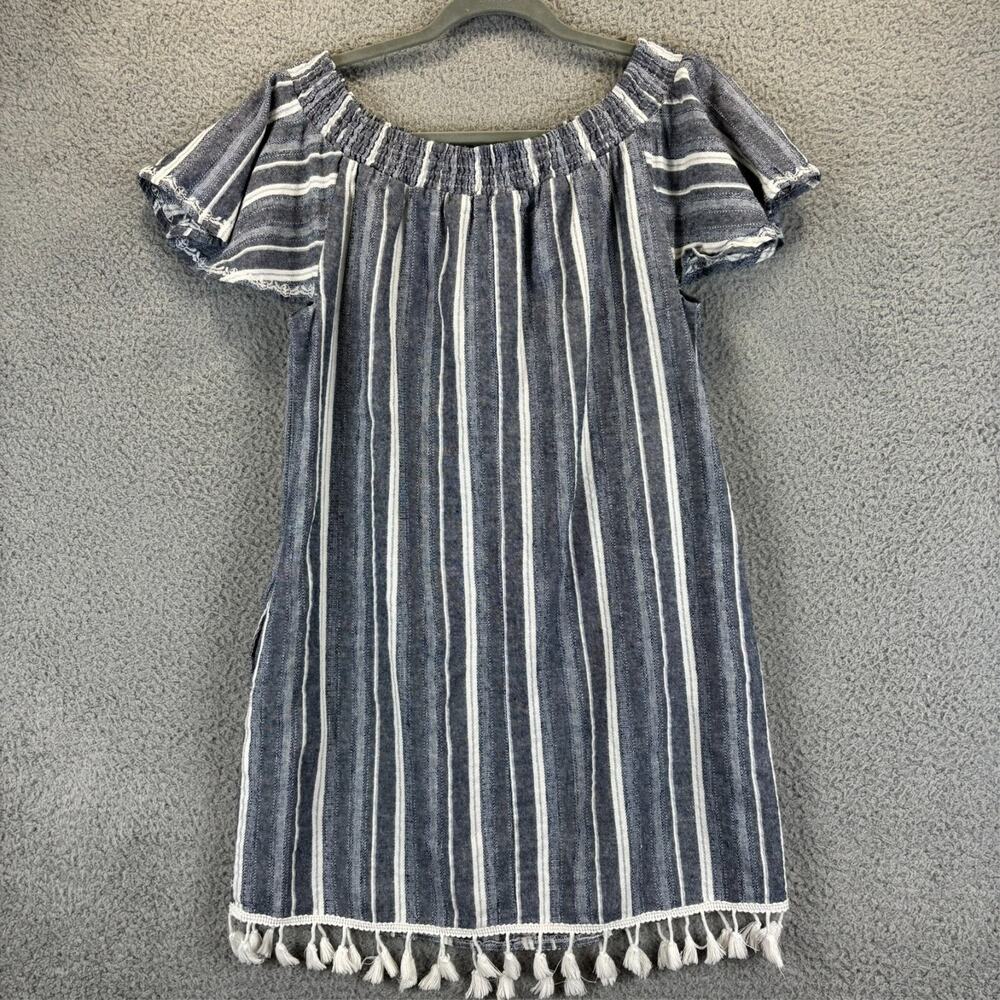 Embroidered Linen Dress Small Boho Beach Coastal Striped Pockets Off Shoulder - Picture 9 of 10